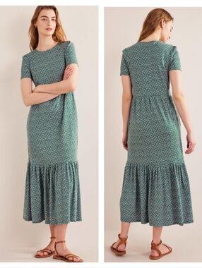 Boden Emma Tiered Jersey Midi Dress Bottle Green Bloom Bud Size 10